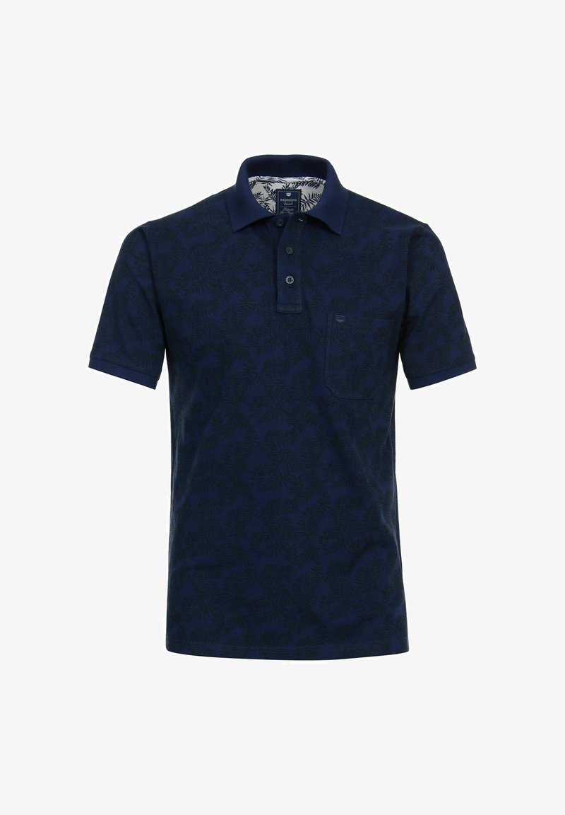 Granatowa koszulka polo z delikatnym wzorem liści, z trzema guzikami przy kołnierzyku i kieszonką na piersi. Wykonana z miękkiej bawełny o gładkiej fakturze.