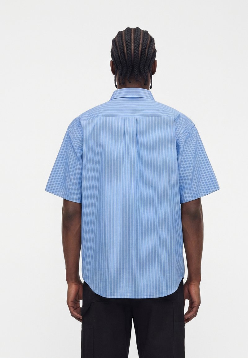 Man with braided hair wearing a light blue short-sleeve button-up shirt with thin vertical stripes, shown from the back.
