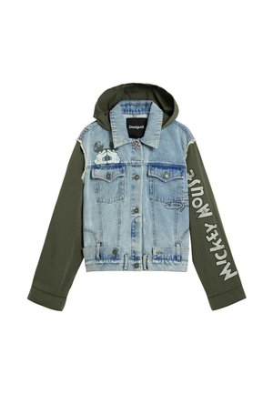 Veste en denim avec capuche et manches vert olive, motif gant de Mickey Mouse sur la poitrine, et texte "MICKEY MOUSE" sur la manche droite.