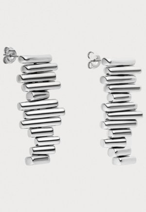 Silver hoop earrings with a staggered design featuring elongated, rounded rectangular shapes, polished finish, and butterfly clasps.