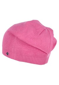 Pink knit beanie with a slouchy design, featuring a ribbed band at the base and a small logo accent on the side. Soft, stretchy texture.