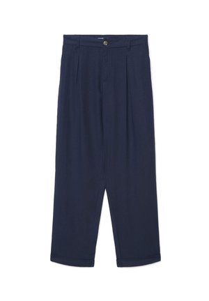 Pantalon bleu marine taille haute à jambes larges avec passants pour ceinture, plis à l'avant, fermeture à boutons et ourlets retournés.