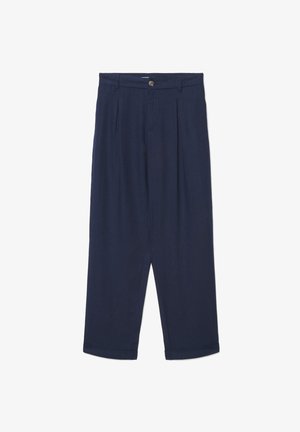 Pantalon bleu marine taille haute à jambes larges avec passants pour ceinture, plis à l'avant, fermeture à boutons et ourlets retournés.