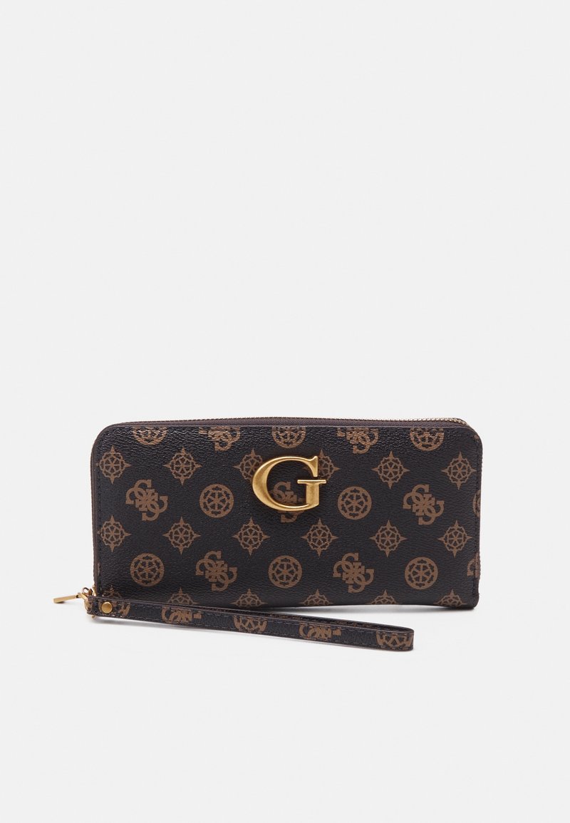 Porte-monnaie bracelet en cuir marron et noir avec fermeture éclair dorée et grand emblème métallique "G" doré sur le devant.