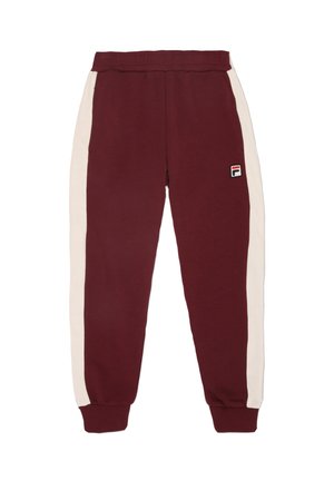 Mörkröda sweatpants med krämfärgade sidostripes, elastisk midja, ribbade detaljer vid handlederna och en liten logopatch på främre vänstra låret.