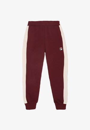 Maroonsweatpants med cremefarvede sidelister, elastisk talje, ribbede manchetter og et lille logo på forsiden af venstre lår.