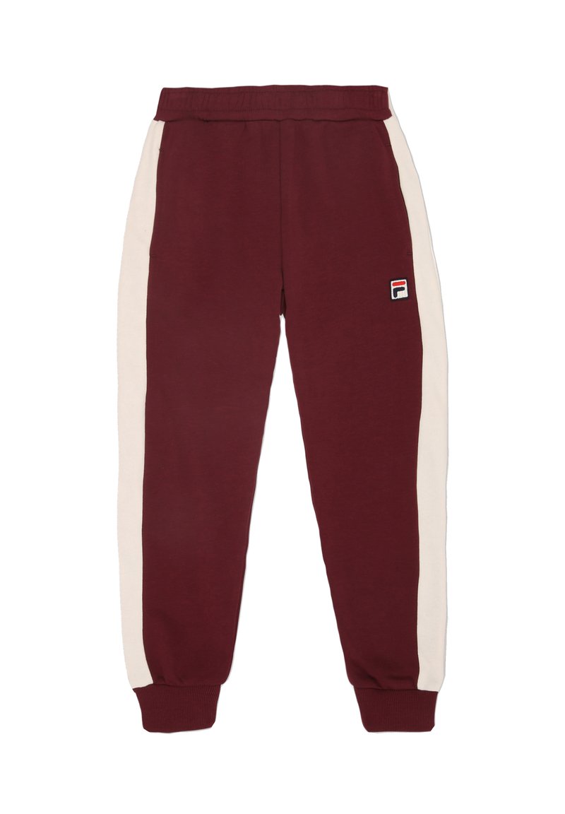 Bordeauxkleurige trainingsbroek met crèmekleurige zijstrepen, elastische tailleband, geribbelde boorden en een klein logo-patch op de voorkant van de linker dij.