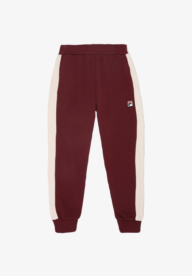 Bordeauxfarbene Sweatpants mit cremefarbenen Seitestreifen, elastischem Bund, gerippten Bündchen und einem kleinen Logo-Patch am linken Oberschenkel.
