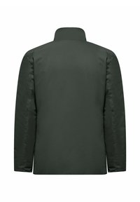 Giacca verde imbottita con colletto alto. Tessuto liscio con un design semplice e senza decorazioni. Maniche lunghe, senza chiusure o tasche visibili.