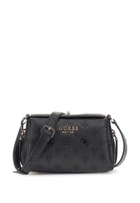 Borsa a spalla nera in sintetico con motivo logo in rilievo, hardware color argento e tracolla regolabile. Forma rettangolare compatta.