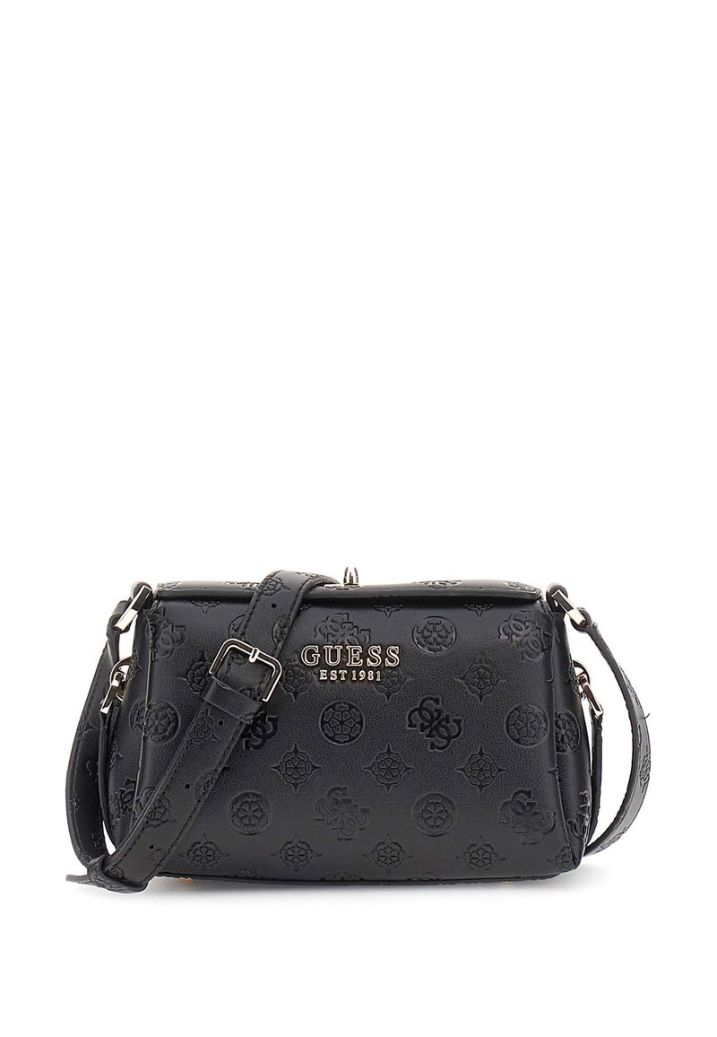 Borsa a spalla nera in sintetico con motivo logo in rilievo, hardware color argento e tracolla regolabile. Forma rettangolare compatta.