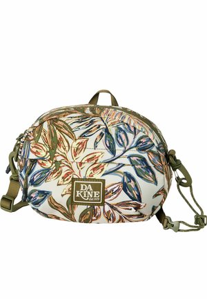 Bolso pequeño ovalado cruzado con correa ajustable verde, estampado floral en azul, beige y marrón, y parche con el logo de DaKine en el frente.