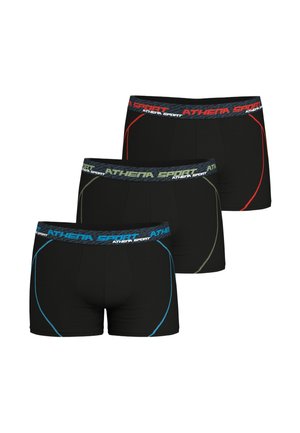 Trois boxers pour hommes noirs avec bordures colorées et ceintures élastiques « Athena Sport » aux accents bleu, vert et rouge.