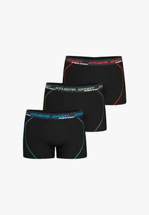Trois boxers pour hommes noirs avec bordures colorées et ceintures élastiques « Athena Sport » aux accents bleu, vert et rouge.