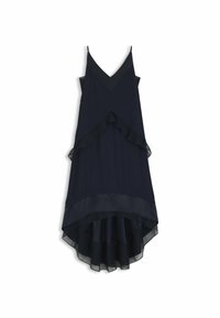 Granatowa, warstwowa sukienka z dekoltem w kształcie litery V i cienkimi ramiączkami. Posiada falbaniaste akcenty oraz zwiewny dół wykonany z lekkiego materiału.