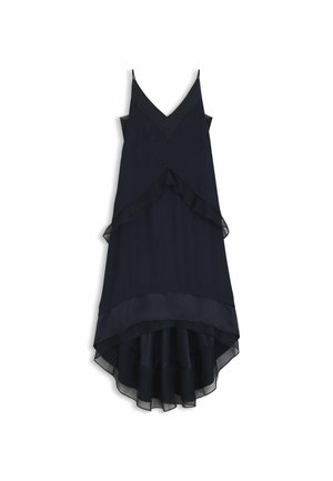 Granatowa, warstwowa sukienka z dekoltem w kształcie litery V i cienkimi ramiączkami. Posiada falbaniaste akcenty oraz zwiewny dół wykonany z lekkiego materiału.