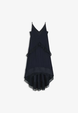 Granatowa, warstwowa sukienka z dekoltem w kształcie litery V i cienkimi ramiączkami. Posiada falbaniaste akcenty oraz zwiewny dół wykonany z lekkiego materiału.