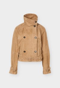 Λιγότερο καστανό καφέ cropped jacket από σουέτ με ψηλό γιακά, διπλή σειρά κουμπιών, ζώνη στη μέση και μανσέτες με αγκράφες στα μακριά μανίκια.