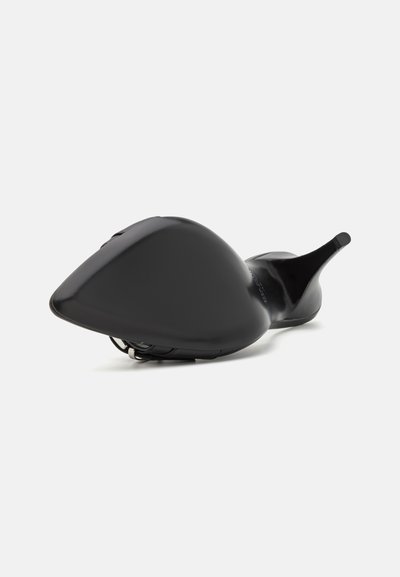 Black high-heeled shoe with a pointed toe and smooth, glossy finish. Features a slender heel and a minimalist design without visible hardware.
