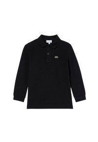 Schwarz langärmliges Polohemd aus weichem Baumwollstoff, mit klassischem Kragen, Drei-Knopf-Leiste und kleinem grünen Lacoste-Logo auf der Brust.