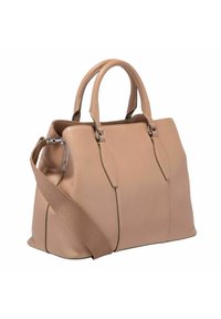 Handtas van bruin leer met dubbele handgrepen en een afneembare stoffen schouderriem. Voorzien van een ritssluiting aan de bovenkant en subtiele stikdetails.