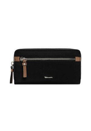 Black wallet made of textured material, featuring a silver zipper, brown accents, and a logo. Includes a tassel detail on the zipper pull.