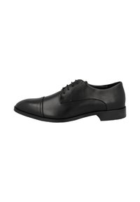 Scarpa da uomo in pelle nera, con punta arrotondata, dettagli delle cuciture sottili, chiusura con lacci e tacco basso, ideale per occasioni formali.