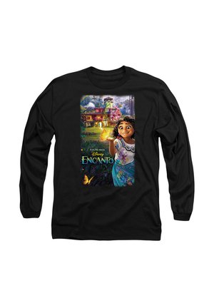 Long-sleeve black shirt featuring a colorful graphic of a character from Disney's "Encanto," set against a vibrant, tropical background.