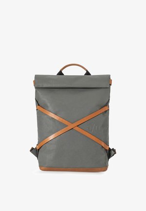 Gray roll-top backpack with tan leather straps crossed on front and tan handle, embossed "a/u" logo on lower right side.