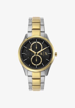 Reloj de pulsera para hombre con esfera negra, pulsera de acero inoxidable dorado y plateado, diales de cronógrafo dual y marcadores de hora audaces.