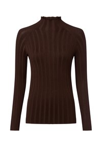 Brauner gerippter Rollkragenpullover mit langen Ärmeln und einem Rüschendetail am Kragen. Hergestellt aus weichem, strukturiertem Stoff mit vertikalen Streifen.