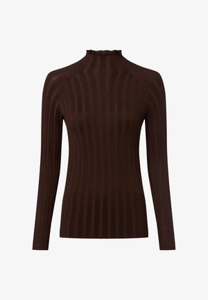 Brauner gerippter Rollkragenpullover mit langen Ärmeln und einem Rüschendetail am Kragen. Hergestellt aus weichem, strukturiertem Stoff mit vertikalen Streifen.