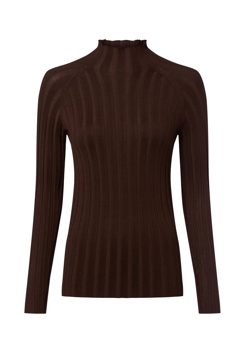 Brauner gerippter Rollkragenpullover mit langen Ärmeln und einem Rüschendetail am Kragen. Hergestellt aus weichem, strukturiertem Stoff mit vertikalen Streifen.