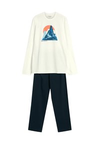 Long-sleeve white shirt with blue mountain graphic and orange sun, paired with navy pants. Cotton material, relaxed fit, and simple design.