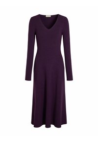 Abito a maniche lunghe a coste di un profondo viola con scollatura a V e orlo svasato, realizzato in tessuto a maglia elastica per comfort e libertà di movimento.