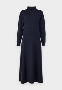 Dunkelblaues Langarmkleid mit einem hohen Kragen, aus weichem Stoff, mit geradem Schnitt und minimalen Details.