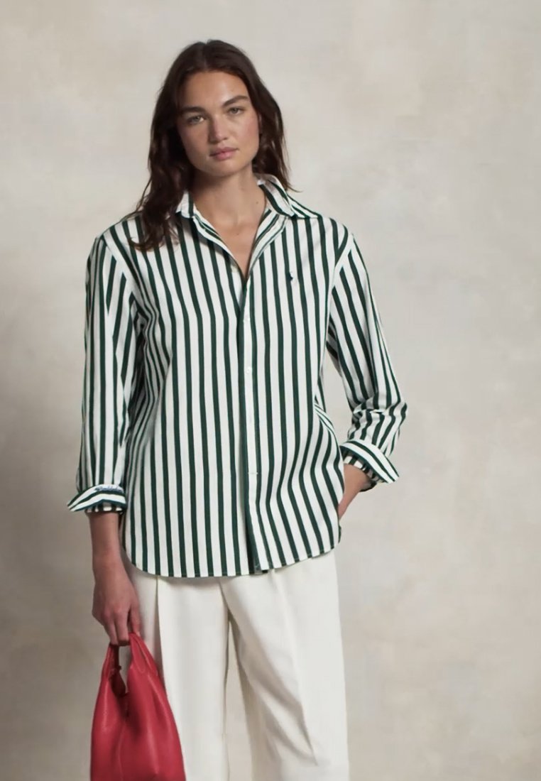 売れ筋商品|||ラルフローレン シャツ レディース トップス WIMBLEDON OVERSIZE FIT STRIPED COTTON SHIRT - Button-down blouse - moss agate/ceramic white Wimbledon Oversize Fit Striped Shirt for Women | Ralph