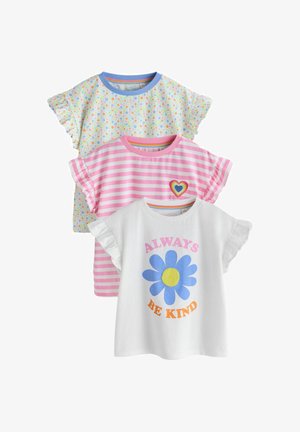 Drei kurzärmlige Mädchenshirts: weiß mit "Always Be Kind" und einer blauen Blume, rosa gestreift mit einem Regenbogenherz und mit Blumenmuster sowie blauer Einfassung.