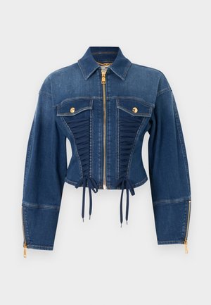 Farmerdzseki arany cipzárral és gombokkal, elöl fűzőstílusú megkötővel, hosszú ujjakkal cipzáras mandzsettával és hegyes gallérral.