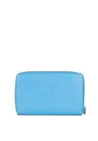 Portafoglio in pelle blu con una texture liscia, forma rettangolare e chiusura con zip. Presenta cuciture ordinate lungo i bordi.