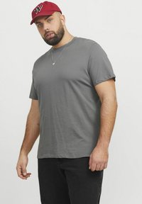 Grå bomulds T-shirt med korte ærmer, der har en rund halsudskæring og en afslappet pasform. Modellen bærer en rød kasket med et logo og sorte jeans.