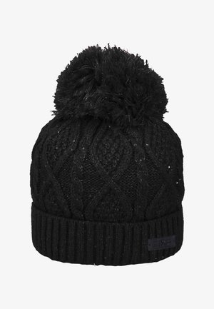 Sort strikket hue med ribbet manchet, der har et struktureret kabelmønster og en stor faux fur pompon på toppen. Glitrende accenter i hele huen.