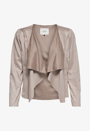 Taupekleurig jack met lange mouwen en een open voorkant, voorzien van een gedrapeerde waterval-kraag en een gladde, licht glanzende textuur.