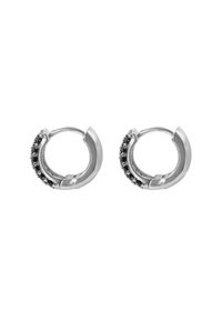 Silver hoop earrings featuring a textured design with black accents and small silver studs along the edge. Circular shape, hinged closure.