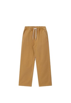 Brown straight-leg pants with an elastic waistband and white drawstring, featuring side pockets and knee seam details.