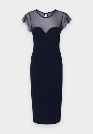 Navy bodycon dress with a sheer mesh overlay and flutter sleeves. Features a sweetheart neckline and a keyhole closure at the back.