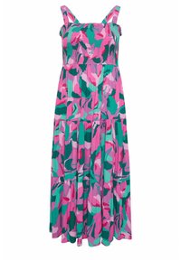 Vaatteen tulostettu maksimekko, jossa on smokkibodice, paksut hihnat ja kerroksellinen, virtaava muotoilu vaaleanpunaisissa, vihreissä ja teal-abstrakteissa kuvioissa.