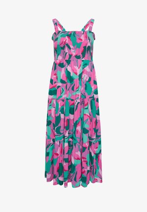 Trykt maxi-kjole med en smocket liv, tykke stropper og et lagdelt, flydende design i pink, grønne og teal abstrakte mønstre.