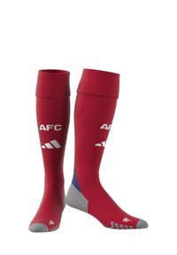 Červené sportovní ponožky s šedou špičkou, s bílými logy "AFC" a třemi pruhy. Vysoký, žebrovaný vršek pro bezpečné uchycení. Hladký, elastický materiál.