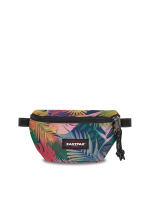 Riñonera compacta Eastpak con cremallera negra y patrón de hojas tropicales coloridas en tonos rojos, amarillos, verdes y azules.